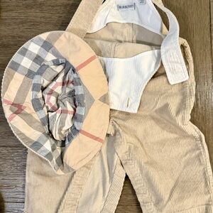 Burberry Beige Corduroy Overalls with Plaid Hat